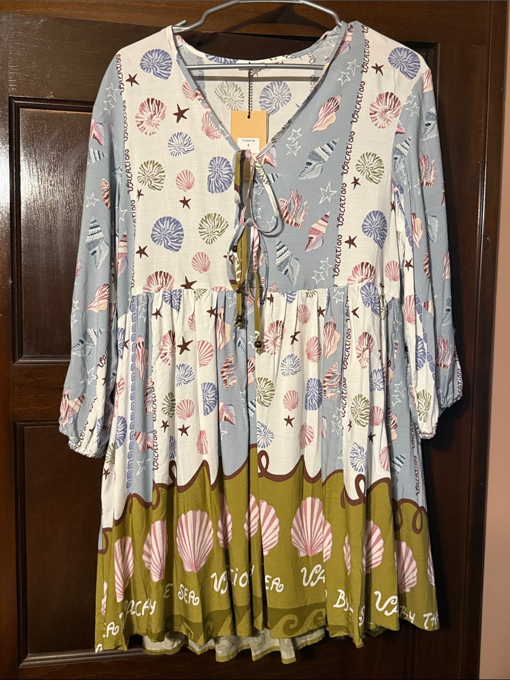 Sea Multicolor Seashell Tie-Front Tunic Dress in Blue, Olive & Pink